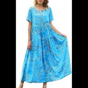 Bright Blue Floral Boho Maxi Dress